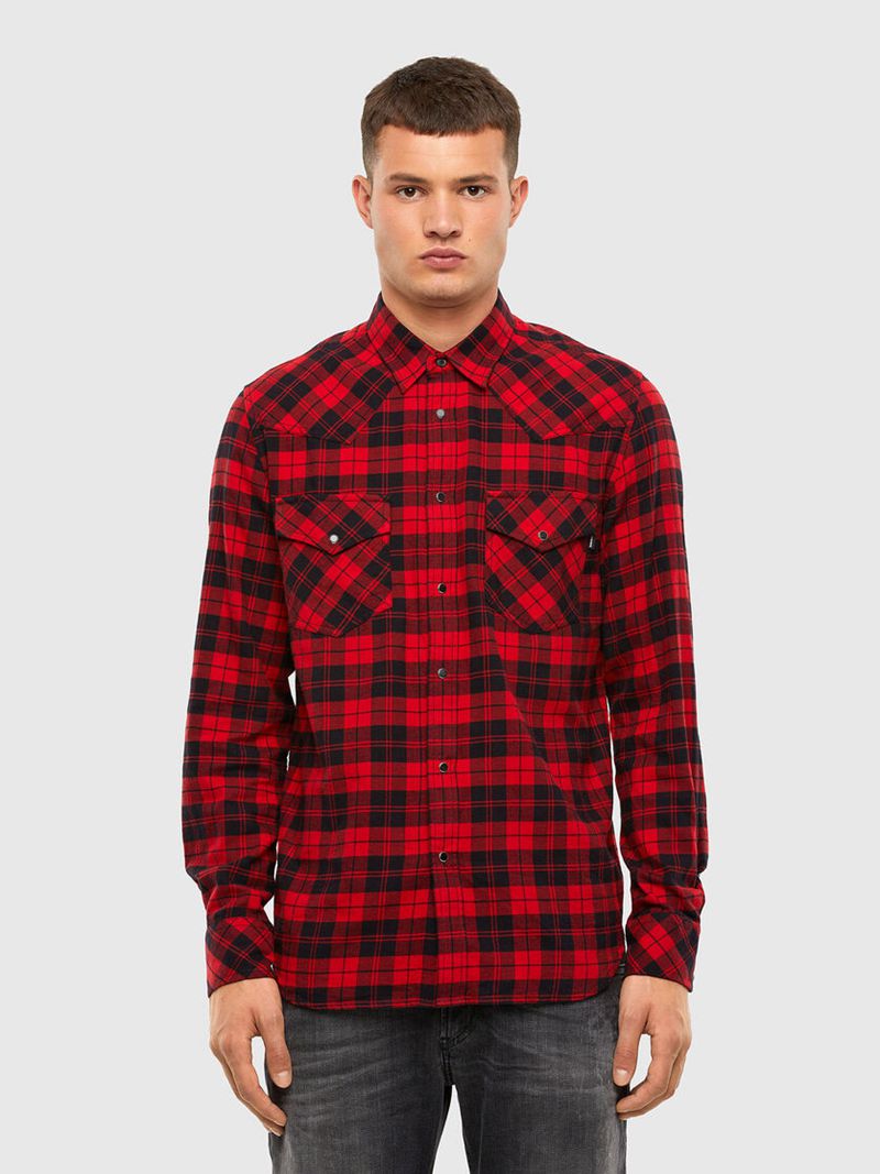 Camisa Diesel S-East-Long-Chk Homem - Pretas/Vermelhas FKXCN-3897